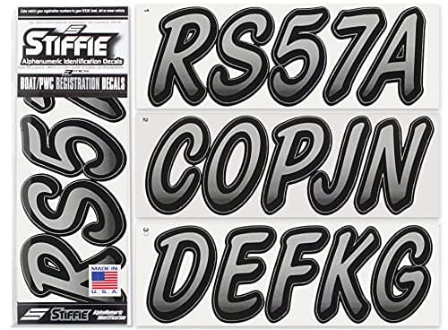 STIFFIE Whipline Silver/Black 3" Alpha-Numeric Registration Identification Numbers Stickers Decals for Boats & Personal Watercraft