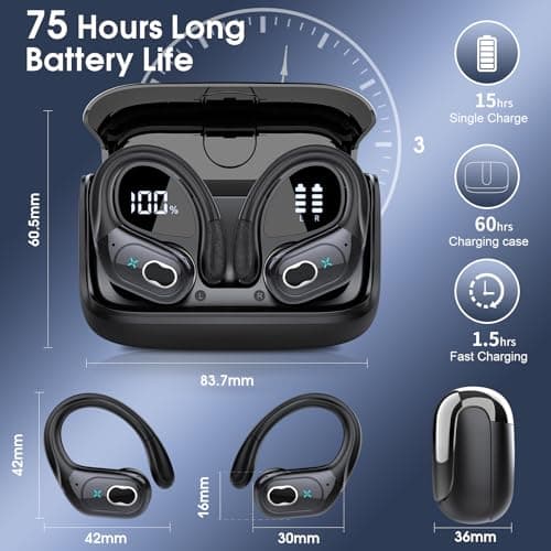 Wireless Earbuds 75hrs Bluetooth 5.4 Headphone Sport, 2026 Bluetooth Earbuds Stereo Deep Bass Over Ear Bud with Earhooks, ENC Noise Cancelling Mic, IPX7 Waterproof Earphone for Gym/Running/Workout — view 3