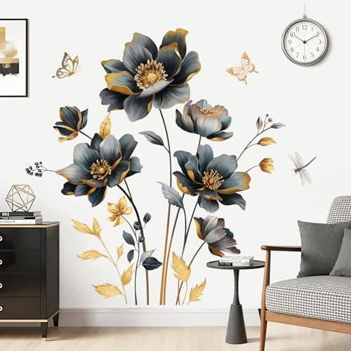 wondever Black Gold Flowers Wall Stickers 3D Floral Butterfly Peel and Stick Wall Art Decals for Living Room Bedroom Sofa TV Background