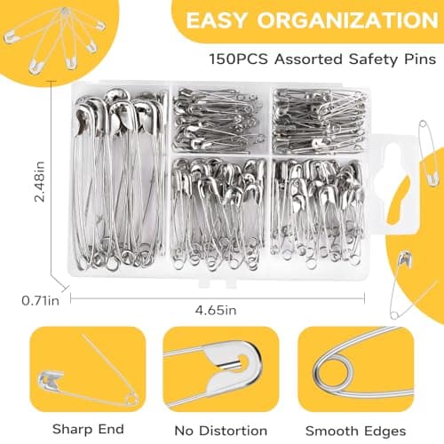 Huhuhero 160Pcs Safety Pins, Large & Small Safety Pins for Clothes Sewing Craft, 5 Assorted Sizes Sharp Edge Pins Bulk, Art and Craft Supplies (Sliver) — view 2
