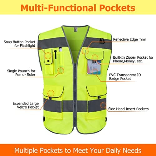 TCCFCCT Hi Vis Vest 9 Pockets High Visibility Reflective Safety Vest for Men Women, Safety Construction Vest with Reflective Strips, Meets ANSI/ISEA Standards, (CA-Yellow Medium) — view 2