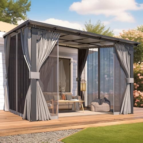 U-MAX 10’ x 10’ Gazebo, Wall Mounted Gazebos Pergola with Curtains and Mosquito Netting, Enhanced Protective Outdoor Patio Lean to Gazebo Awnings for Deck, Porch, Backyard and Outside — view 2