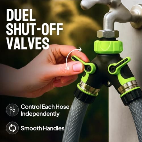 2 Way Hose Splitter Heavy Duty - Metal Y Garden Hose Splitter with Shutoff Valves, Brass Outdoor Faucet Adapter for Spigot, 3/4 Inch GHT Water Hose Connector - Green — view 4
