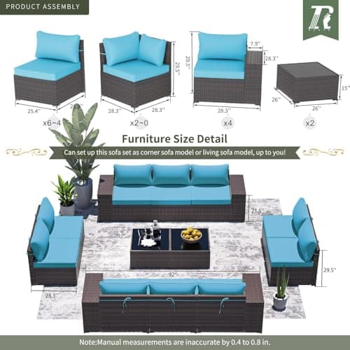 RTDTD 12 PCS Outdoor Patio Furniture Set,Outdoor Sectional Furniture All Weather PE Rattan Wicker Patio Conversation Set with 2 Coffee Tables and 10 Thickened Cushions,Blue — view 4