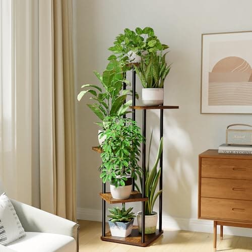 Bamworld 5 Tier 5 Potted Plant Stand Indoor, Tall Metal Plant Shelf for Multiple Plants, Corner Black Flower Pots Shelf for Patio Garden Balcony Living Room Bedroom