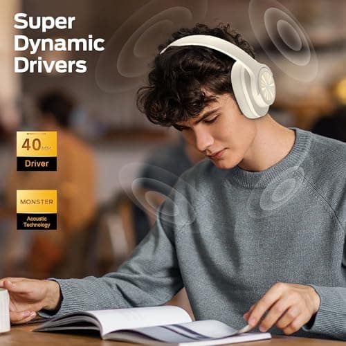 Monster Mission 200 Wireless Headphones, Bluetooth Headphones with 3 EQ Modes, Low Latency HiFi Stereo Foldable Lightweight Headset, 60H Playtime,Deep Bass for Home Office Cellphone PC Ect, White — view 3