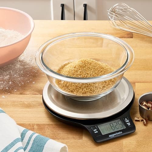 Amazon Basics Digital Kitchen Scale with LCD Display, Tare Function, Multiple Units, Weighs up to 11 Pounds, Batteries Included, Black and Stainless Steel — view 4