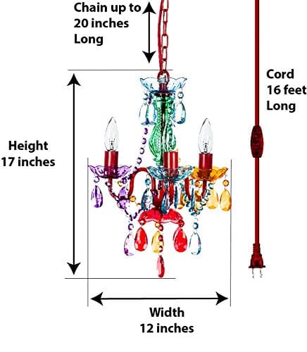 The Original Gypsy Color 3 Light Mini Plug-in Gypsy Chandelier for H17" W12", Red Metal Frame with Multi Color Acrylic Crystals