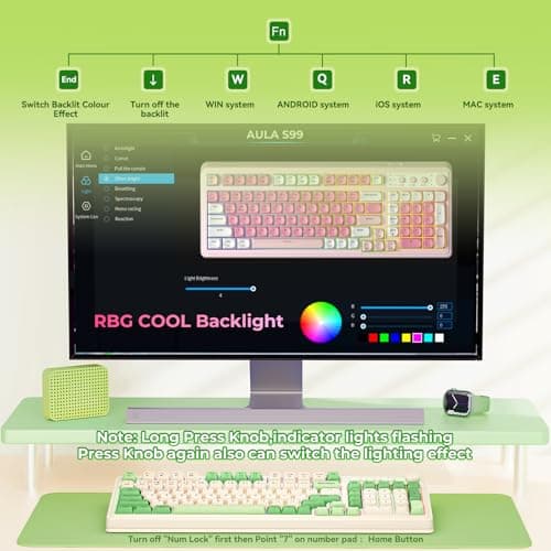 AULA S99 Gaming Keyboard, Wireless Computer Keyboards, Tri-Mode Bluetooth/2.4GHz/USB-C Custom Creamy Keyboard with Number Pad, RGB Backlit Media Knob Cute Programmable Keyboard for PC Gamer - Green — view 3