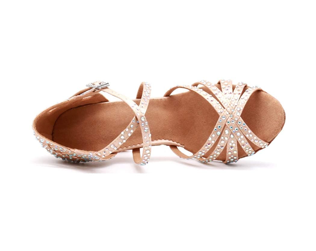 Sandalias de baile moderno latino con correa cruzada para mujer, con diamantes de imitación de tango social, bailes, Tacón marrón de 9 cm. — view 5