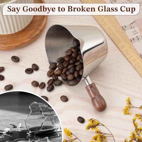 Amrules Espresso Cup, 6.8 oz/200 ml Stainless Steel Coffee Shot Measuring Cup with Wood Handle, Double V-Shaped Mouth and Clear Scale for Cappuccino Barista Coffee Bar Accessories, Silver — view 4
