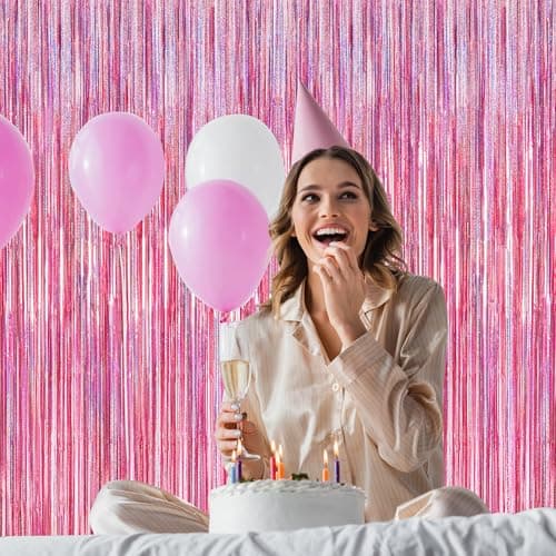 2 Pack Glitter Pink Backdrop, 3.28 FT x 7.05 FT Birthday Party Decorations, Laser Pink Fringe Curtains Foil Streamer Tinsel, Pink Curtains Photo Backdrop Happy Birthday Valentines Day Backdrop — view 4