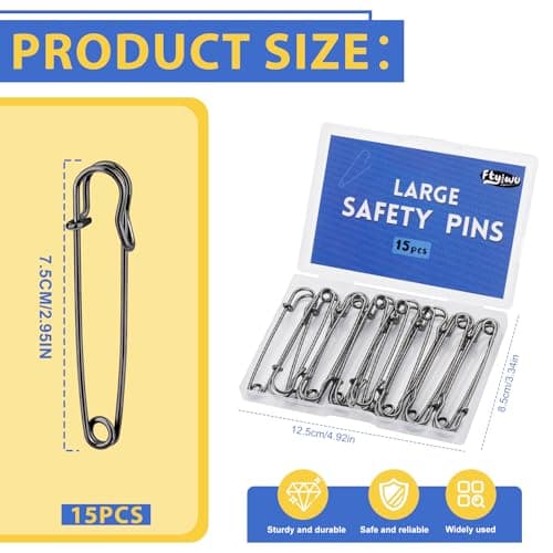 Ftyiwu Safety Pins, 3 Inch 15 Pack Large Safety Pin, Heavy Duty Safety Pins for Clothes, Diapers, Blankets, Laundry, Leather Canvas, DIY Crafts (Gun Black)