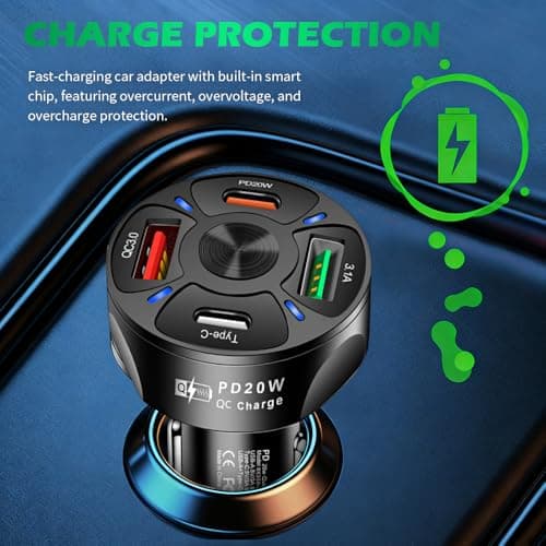 4 Ports Fast Car Charger Adapter,12V/24V Car Cigarette Lighter USB Charger Includes QC3.0/PD20W/Type-C/3.1A,Universal Cars Cigarette Lighter Adapter Cars Phone Chargers (Black) — view 3