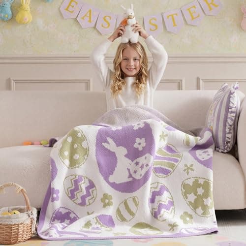 Amélie Home Animal Chenille Throw Blanket for Couch, Bunny and Eggs Knit Throws, Cozy Soft Summer Party Themed Blankets for Sofa, Bed, Gift & Decor, 50"x60", Purple/Green