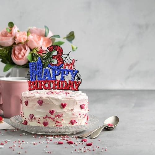 YCTHUNFISH 1 PCS Happy 3th Birthday Cake Topper Spider Web Cheers to 3 Years Third Birthday Cake Pick Superhero Spider Party Decorations for kids Happy 3th Birthday Party Cake Decorations Supplies — view 5