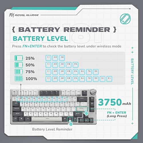 RK ROYAL KLUDGE H81 Hot Swappable Mechanical Keyboard, Triple Mode 2.4Ghz/BT5.1/USB-C Knob Control Wireless Gaming Keyboard Gasket Mounted with RGB Backlit SkyCyan Switch, 75% Layout 81 Keys — view 6