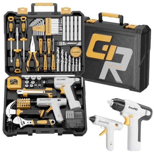 GRENPRO Tool Set Drill Set, 188PCS Tool Kit For Home with Cordless Drill Power, Tool Kit for Women & Men, Basic Household Auto Repair Hand Tool Box, Glue Gun Tools Sets & Electric Drill tools for Mens