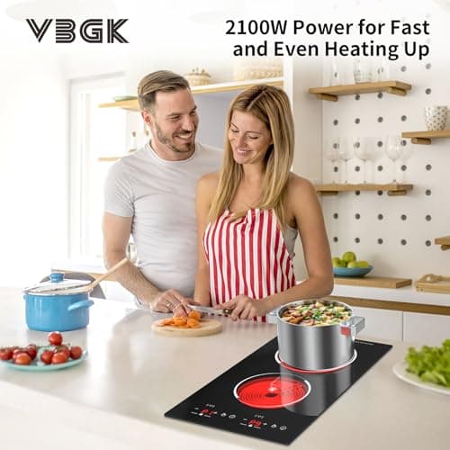 VBGK Electric Cooktop,12 Inch Built-in Radiant Electric Stove Top,110V 2100W 2 burner cooktop With 9 Heating Level, Timer & Kid Safety Lock, Sensor Touch Control 2 burner Induction Cooktop