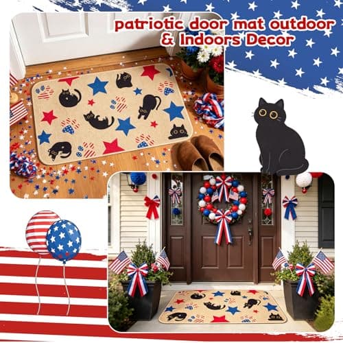 Zuicxlsy Patriotic Door Mat,4th of July Door Mat with Black Cat & Stars — view 3
