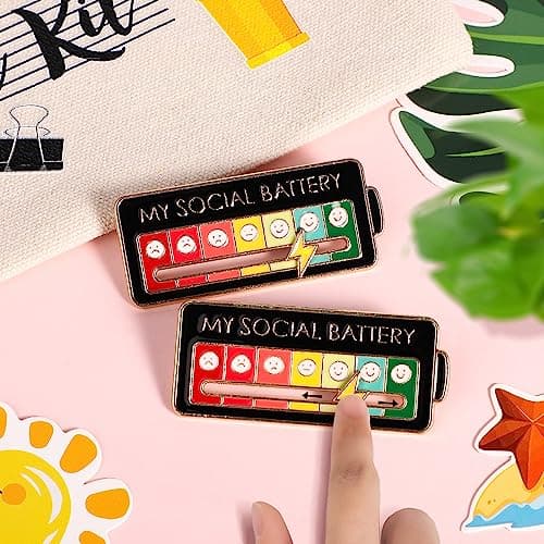 2pcs Social Battery Slider Pin Badges - Double Buckle Lapel Enamel Emotional Pin for 7 Days A Week (Black) — view 2