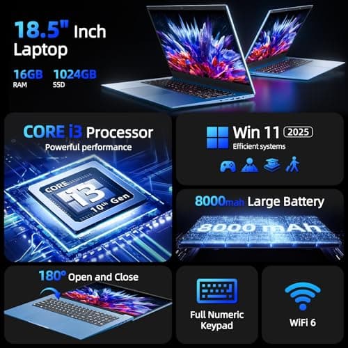 SGIN 18.5 Inch Laptops Computer, 16GB RAM 1024GB SSD Ordinateur Portable Win 11 Laptop, Core i3 Processor, 180° Open Angle, Type-C, 8000mAh, WiFi 6, HDMI, for Business and Students(Blue)