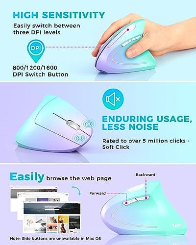 Lekvey Ergonomic Mouse, Vertical Wireless Mouse, Rechargeable 2.4G Optical Carpal Tunnel Mice: 800/1200 / 1600 DPI, 6 Buttons, for Laptop, PC, Mac, Computer, Desktop, Notebook etc, Green Purple — view 4