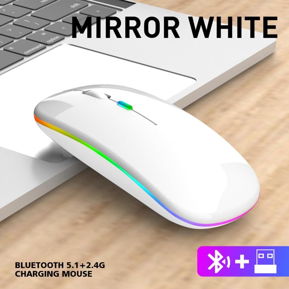 Ratón inalámbrico recargable RGB ultrafino 1600 DPI con doble modo Bluetooth 5.0 + 2.4 GHz, clic silencioso, 3 niveles de DPI (800/1200/1600), diseño ambidiestro, luz LED, tamaño compacto (Blanco). — view 5