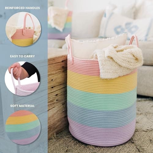 OrganiHaus Tall Rainbow Basket with Handles, Woven Cotton Rope Laundry Basket, Rope Baskets for Dirty Clothes,Towels and Blankets, Large Decorative Storage Bin for Bedroom - 38x45cm — view 2