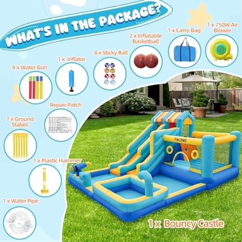 FINCOME Inflatable Bounce House, 10 in 1 Double Water Slide Bounce House with 750W Blower, Climbing Wall, Jumping, Water Gun, Splash Pool, Basketball Hoop for Kids Indoor Outdoor Backyard — view 6