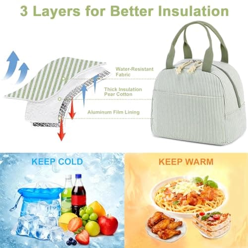 Bluboon Lunch Box for Women Cute Lunch Bag Reusable Insulated Lunch Bags Large Capacity Lunchbox Cooler for Work Picnic or Travel Gifts (A Sage Green White Stripes, 10 x 7.5 x 8 inches) — view 2