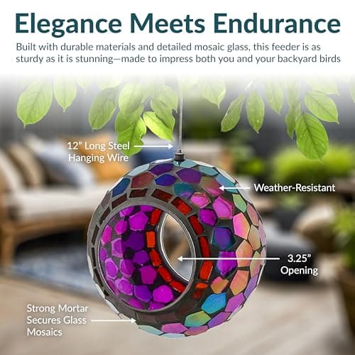 Sunnydaze 6-Inch Glass Mosaic Hanging Bird Feeder for Outdoors - Fly-Through Glass Bird Feeder for Cardinals, Jays, Finches and More - Iridescent Purple Mosaic