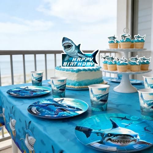 Shark Birthday Party Decorations Supplies, 10 Guests Shark Party Tableware Set Under the Sea Plates Napkins Tablecloths Balloons Banner Cake Toppers etc — view 4