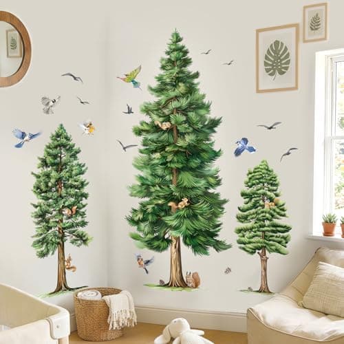 wondever Large Pine Tree Wall Stickers Watercolor Woodland Tree Birds Peel and Stick Wall Art Decals for Living Room Bedroom Baby Nursery