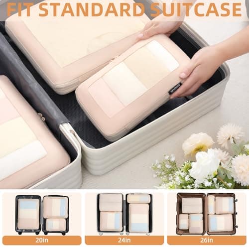BAGAIL 4 Set/6 Set/8 Set Compression Packing Cubes Travel Accessories Expandable Packing Organizers (Square Mesh, 05-Cream) — view 5