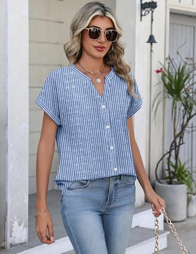 Zeagoo Striped Button Down Shirts for Women Business Casual Dressy Tops Short Sleeve Work Blouses Spring Outfit — view 3