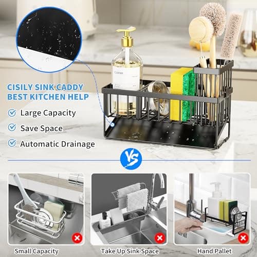 Cisily Sink Caddy Sponge Holder for Kitchen with Brush Holder and Stainless Steel Self Drain Tray, Rustproof Kitchen Sink Organizer for Sponge, Soap Dispenser Storage Accessories — view 4