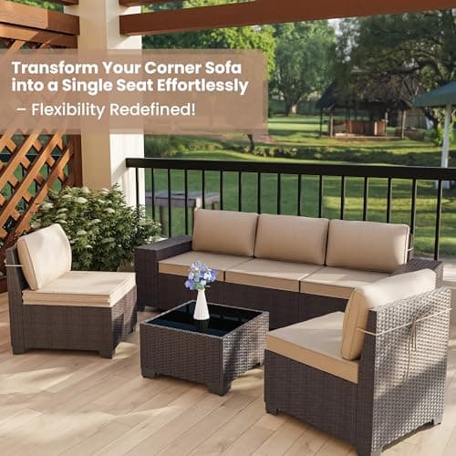 RTDTD 6 PCS Outdoor Patio Furniture Set,Outdoor Sectional Furniture All Weather PE Rattan Wicker Patio Conversation Set with Coffee Table and 5 Thickened Cushions,Brown