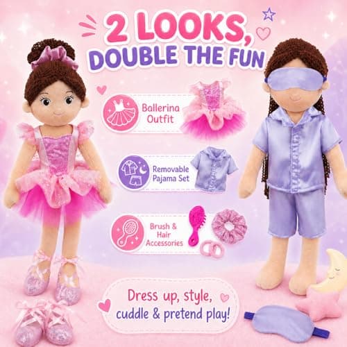 June Garden 14" Snuggle Cutie Ballerina Doll Maya – Soft Plush Doll with Ballet Outfit, Purple Pajama Set & Accessories – Dress Up Pretend Play Toy for Girls