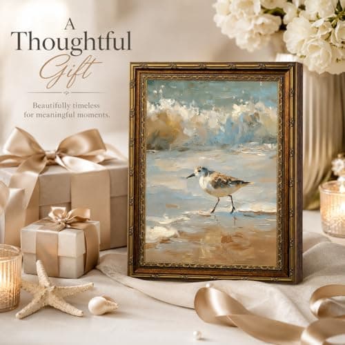 Vintage Framed Coastal Wall Art,Beach Sandpiper Bird Oil Painting, Antique Gold Ornate Frame, Seaside Ocean Waves Canvas Decor for Beach House, Bathroom, Living Room 11" L x 9" W — view 7