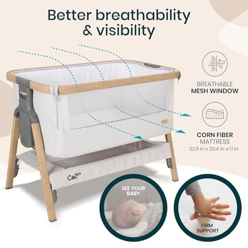 Tutti Bambini CoZee® 2-in-1 Baby Bassinet & Bedside Sleeper - Fast-Folding Bedside Bassinet, Baby Crib with 6 Mattress Heights & Breathable Mesh Window, Mattress Included, 0-6 Months (Silver & Oak) — view 4