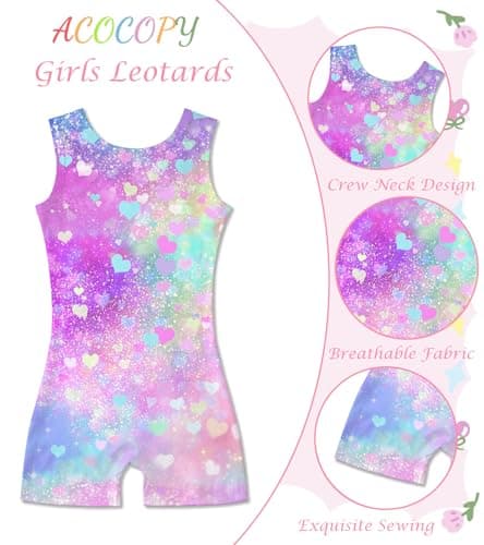 ACOCOPY Girls Leotards for Gymnastics Sparkly Sequins Dance Bodysuits with Shorts Stretchy Quick Dry Biketard Unitard Size 6-7 — view 2