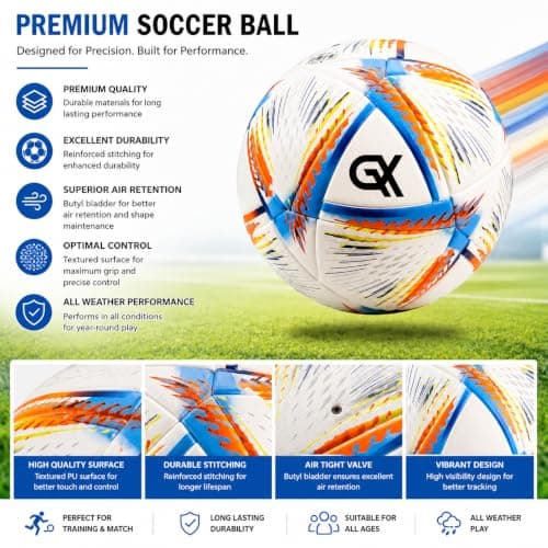 GX TOUR+ World Cup Quality, All-Surface Play, Thick and Durable Eco Leather Cover, Outdoor Sports, Premium Size 5 Soccer Ball for Training & Competitive Matches