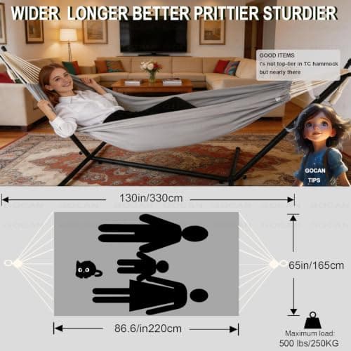 GOCAN Brazilian Double Hammock 2 Person Extra Large Canvas Cotton Hammock for Patio Porch Garden Backyard Lounging Outdoor and Indoor (Grey) — view 3