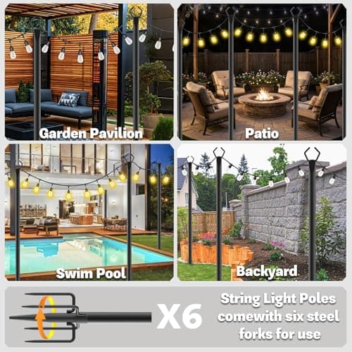 NSHWFW 6 Pack 10 ft Heavy Duty Metal String Light Poles Adjustable Outdoor Lighting Stand for Patio,Backyard,Garden,Party & Wedding Rustproof & Sturdy with Hooks