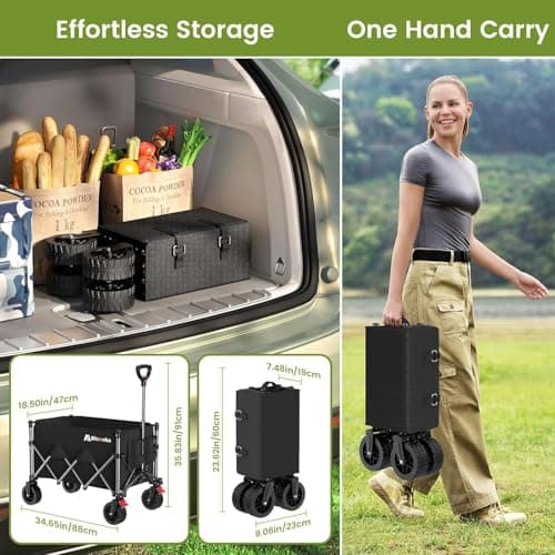 Blomoba Collapsible Wagon Cart, 150L Heavy Duty Foldable Beach Wagon with Wider Wheels & Auto-Rebound Handle, Utility Grocery Shopping Cart for Garden, Shopping, Camping, Sports, Black — view 2