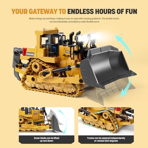 WELIN Remote Control Bulldozer Toys, 9-Channel RC Dozer with Metal Bulldozing Blade Alloy Looseners, Construction Vehicles with Lights and Sound, Birthday Gifts for Kids Boys Ages 3+ — view 2