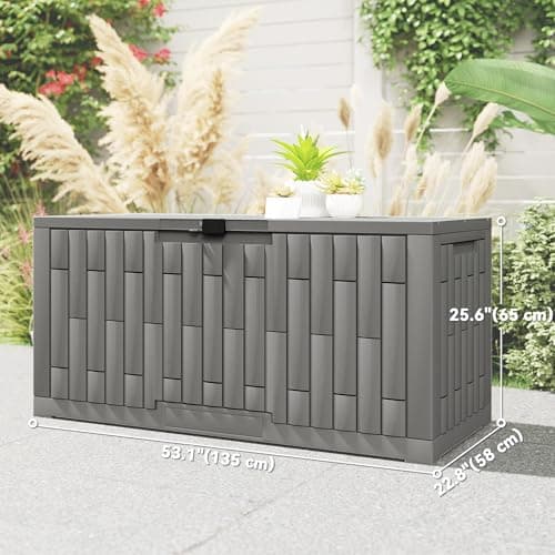 Outsunny 120 Gallon Resin Deck Box, Lockable Outdoor Storage Box with Safe Pneumatic Rods, Splash-Resistant & UV Resistant Patio Storage Container for Garden Tools, Pool Supplies — view 6