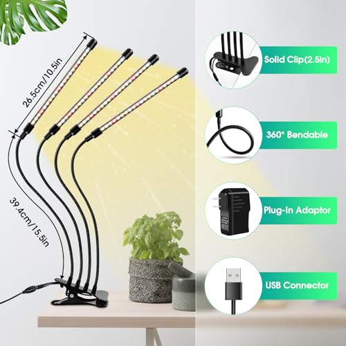 Wolezek Grow Lights for Indoor Plants, 80 LED 4 Heads Full Spectrum Grow Light with Clip, Plant Light with 5000K/3000K/660nm LED Chips, Auto Timer 6/12/16H, Grow Lamp for Seed Starting, Winter Growth — view 5