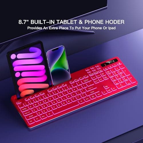 Soueto Wireless Keyboard with 7-Color RGB Backlit, Full-Size Computer Keyboard with Phone Tablet Holder, 2.4G Rechargeable Gaming Keyboard with Light Up Keys, Compatible with Mac, Windows (Red) — view 3
